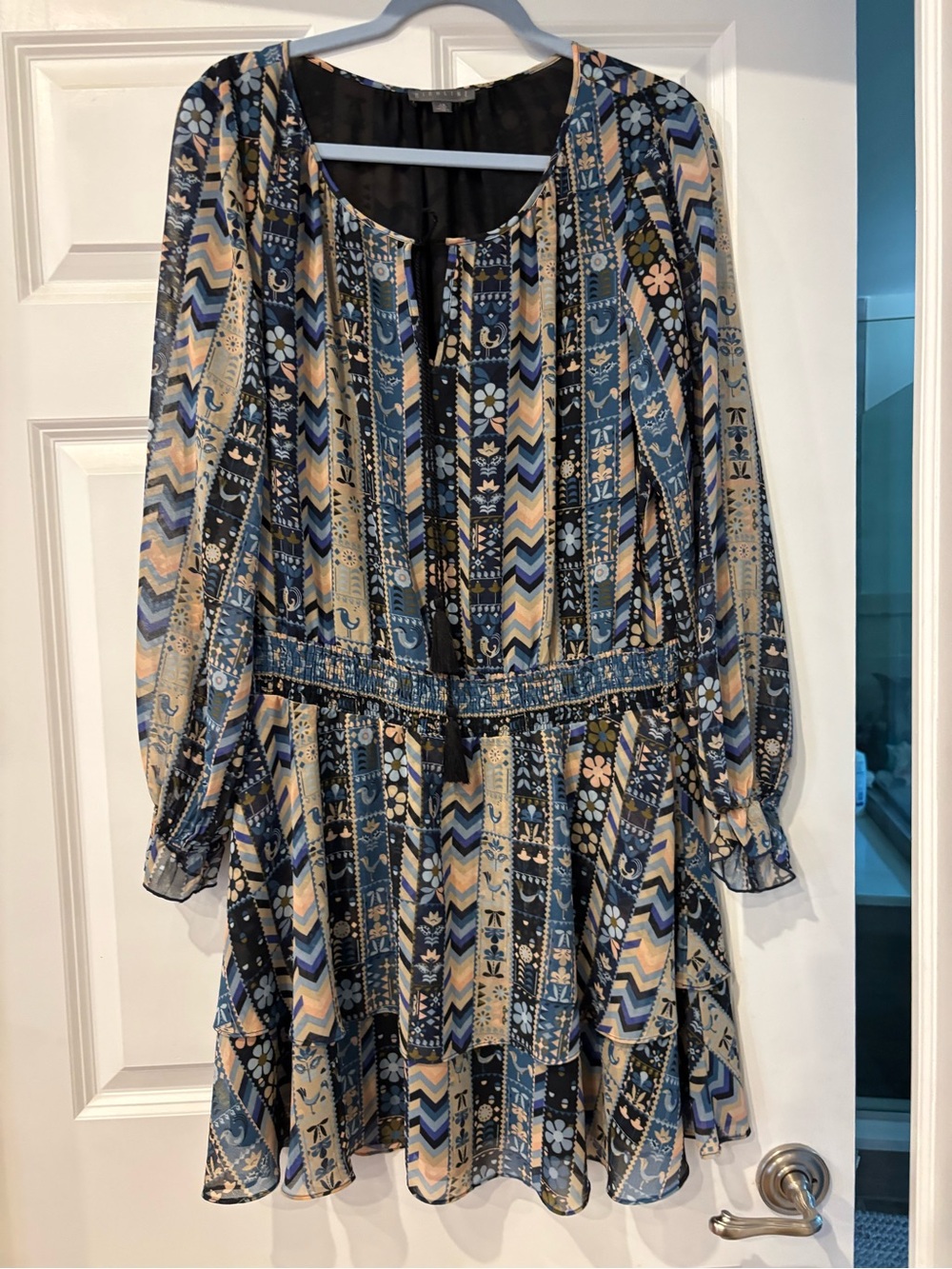 Boho Tiered Long-Sleeve Mini Dress - Blue Multi